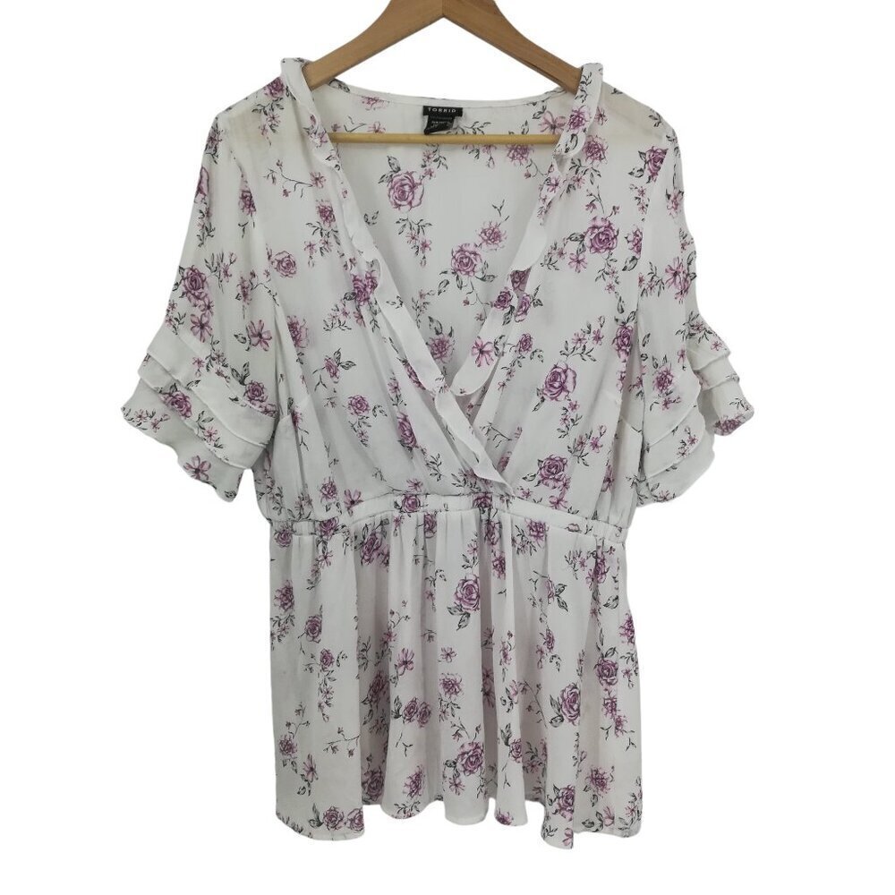Torrid Sheer Floral Faux Wrap Surplice Empire Waist Blouse Size 1X Ruffle Fairy